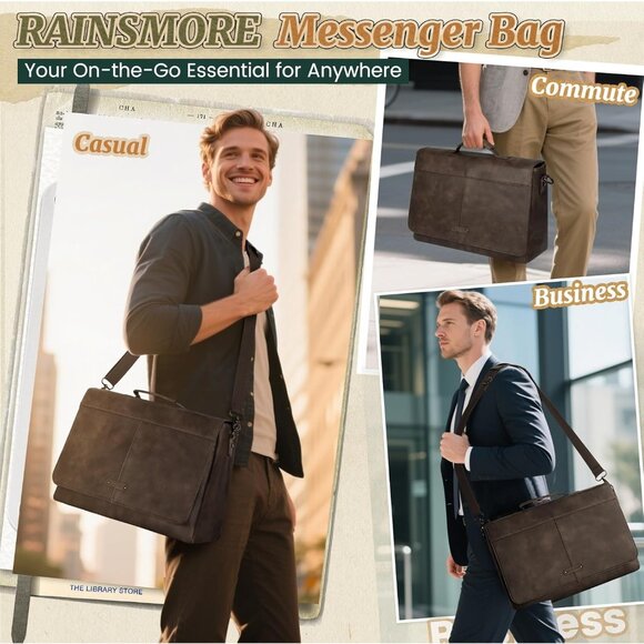 Men's Wood Pu Vintage Laptop Bag 15.6 Inch Waterproof Retro Satchel Briefcase - Picture 6 of 7
